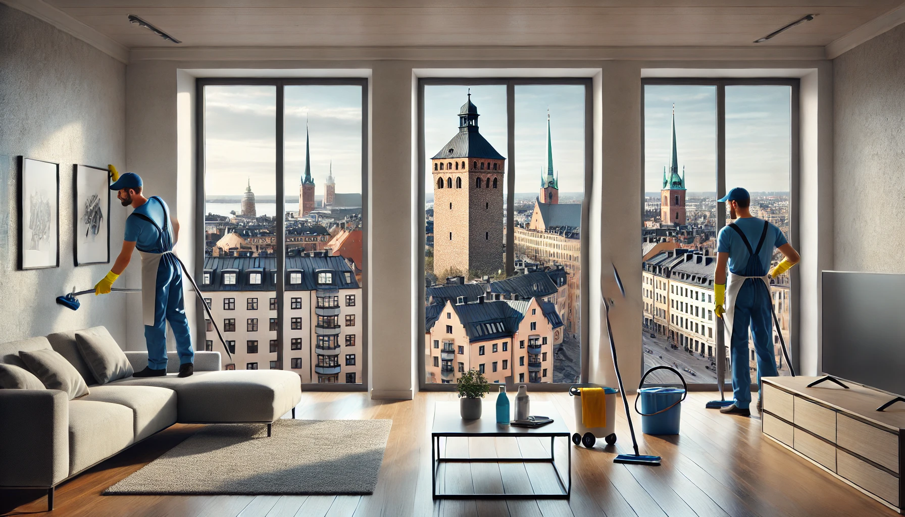 helsingborg-stadteam vy över Helsingborgs stadssilhuett med Kärnan i bakgrunden, medan ett städteam noggrant rengör ett tomt hem